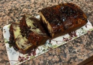 Zebra Marble Cake with Salted Caramel and Chocolate Chips